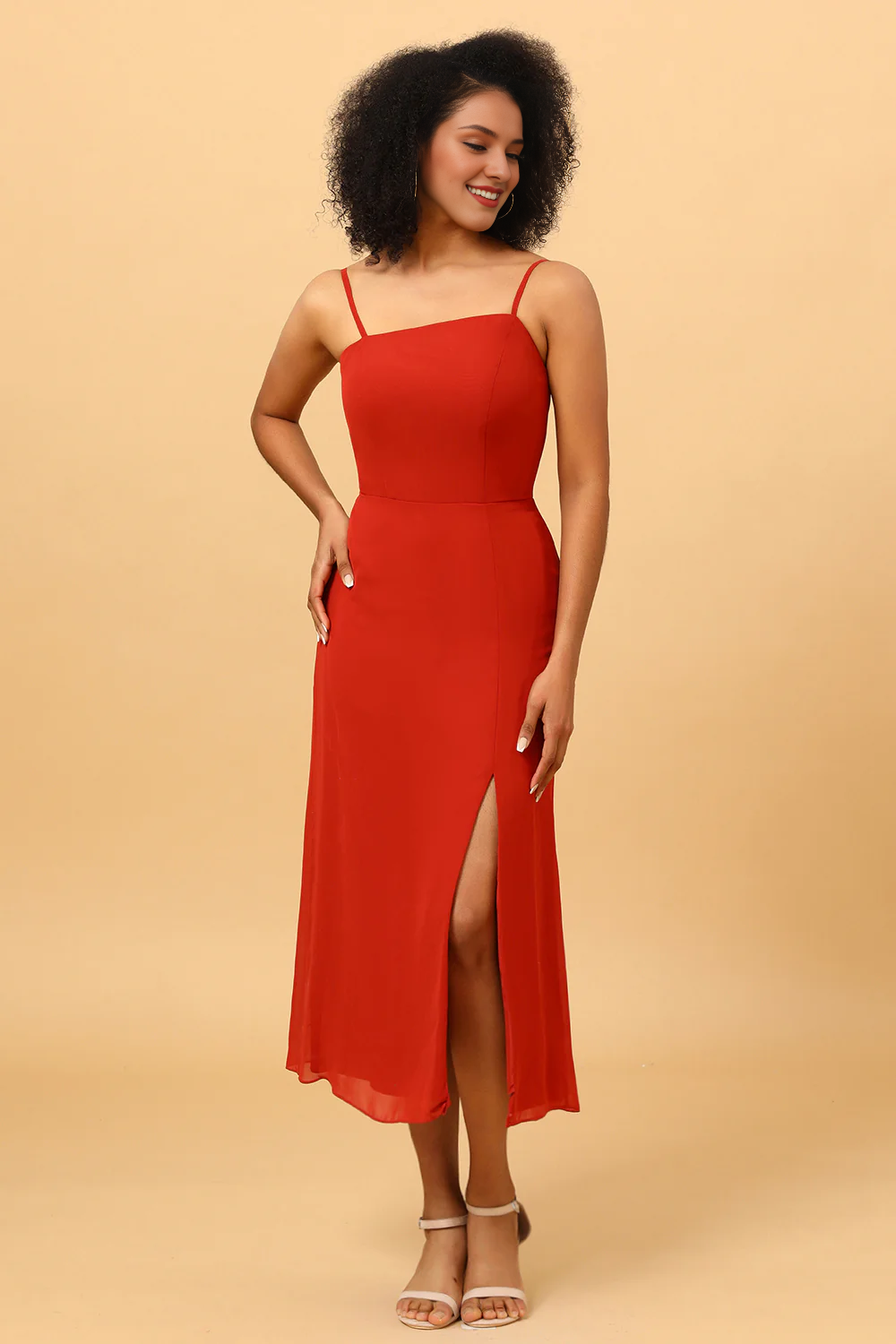 Red earth thin shoulder strap medium length chiffon slit bridesmaid dress