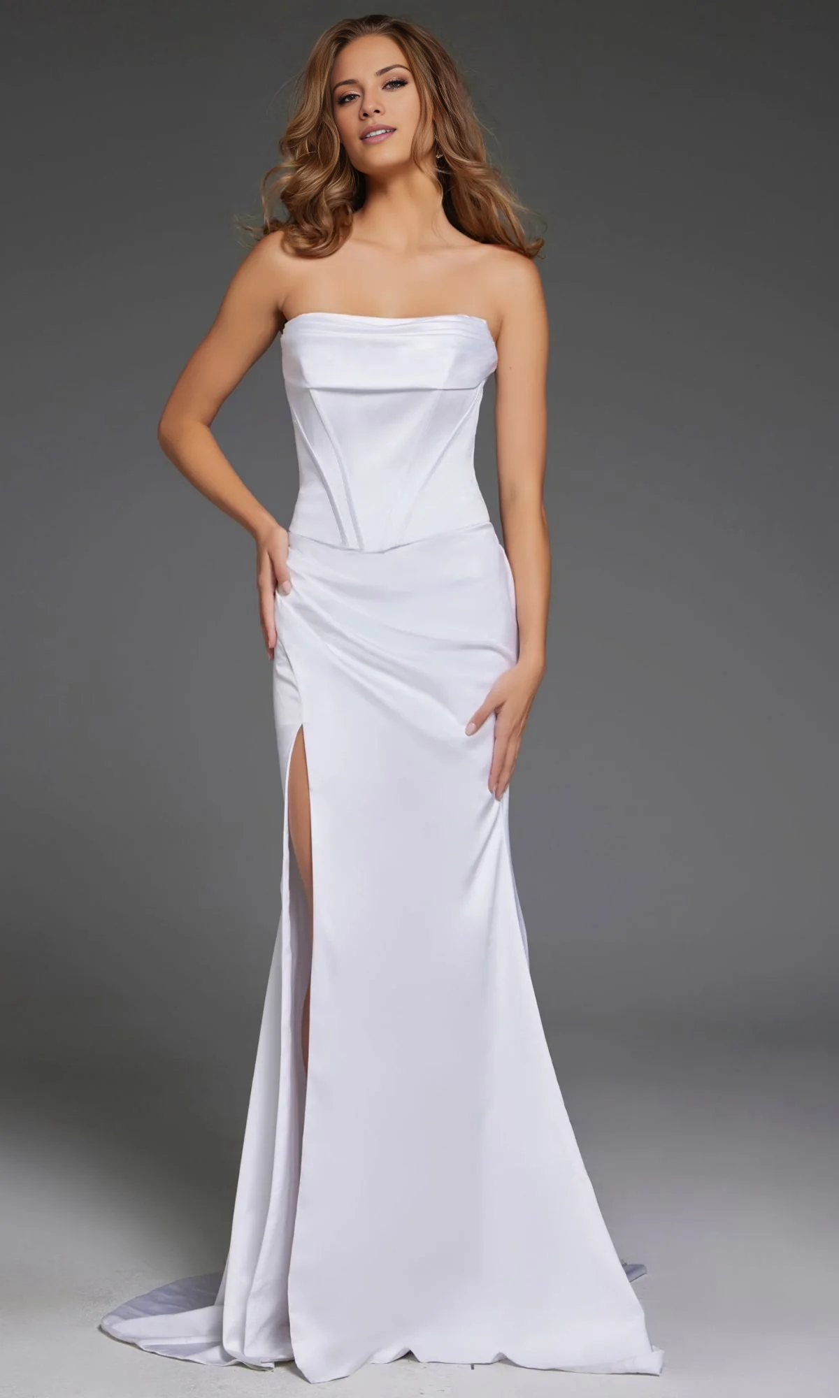 Jimiss off shoulder strapless backless side slit and floor length evening dress