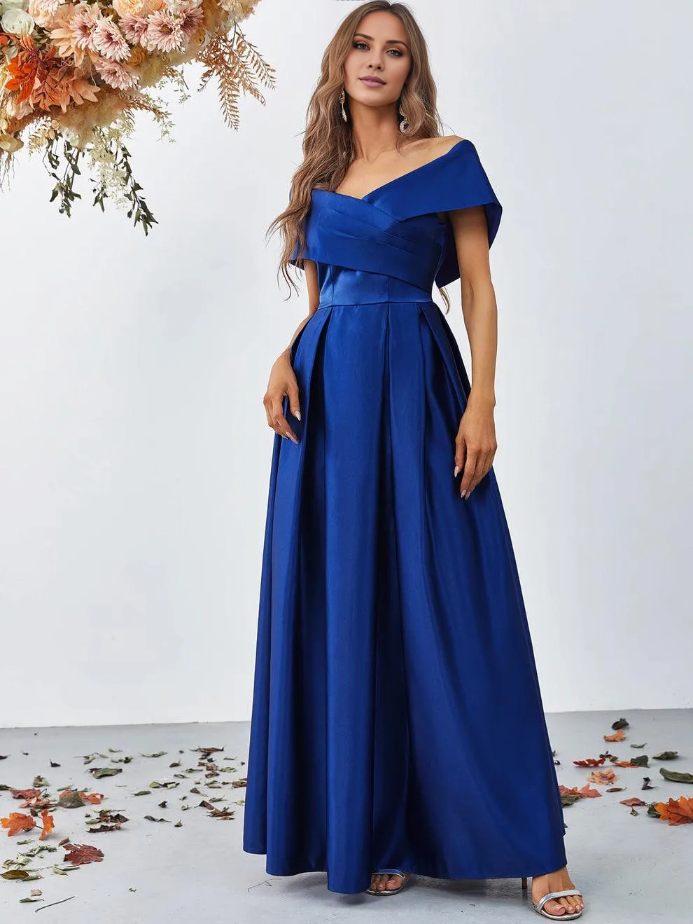 A-line off shoulder pleated detail satin and floor length formal dress