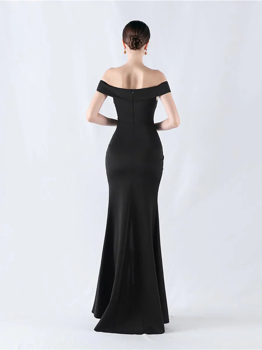 Off shoulder pleated slit and floor length gown evening dresses