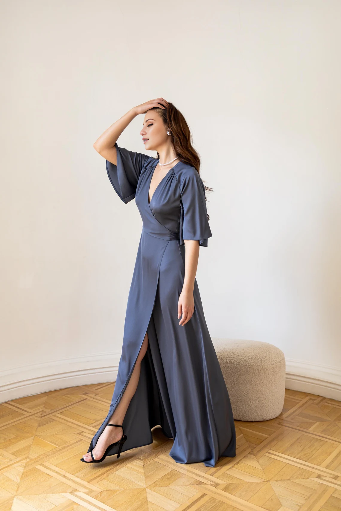 Jimiss deep V-neck short sleeved satin slit and floor length Prom dress