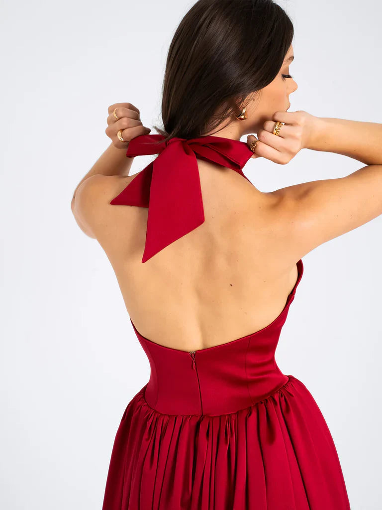 Red deep V-neck hanging backless long evening gowns