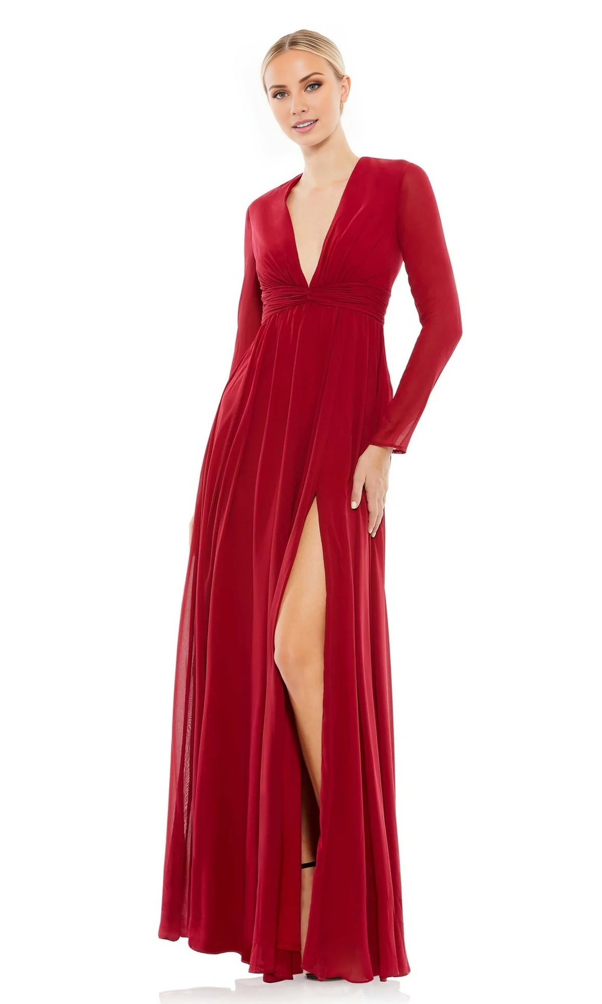 Jimiss V-neck long sleeved side slit and floor length evening dress