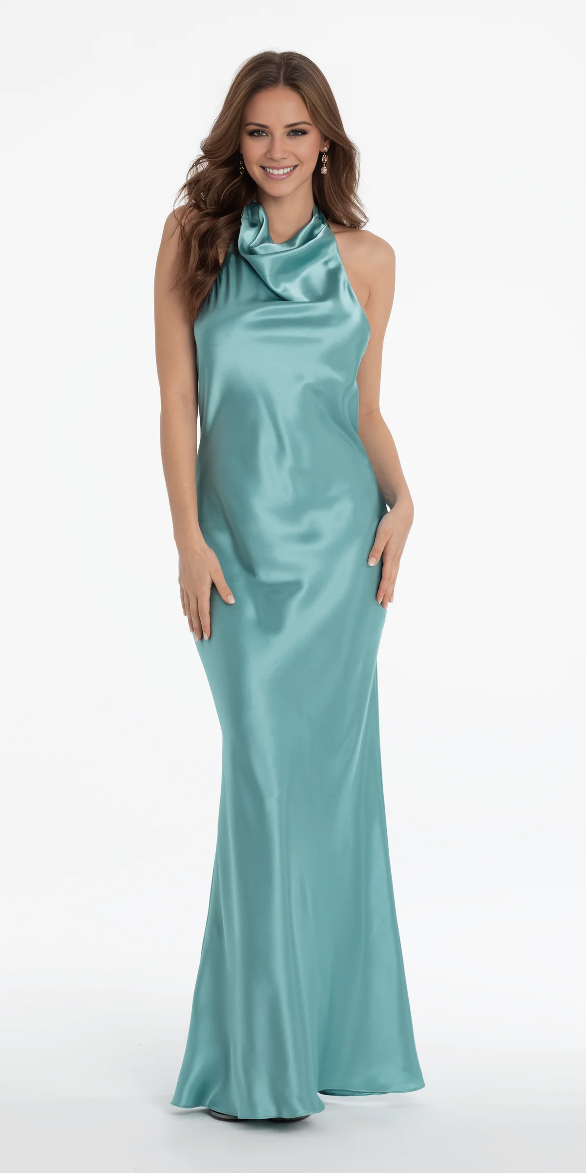 Jimiss halter neckline satin sleeveless off shoulder and floor length Prom dress