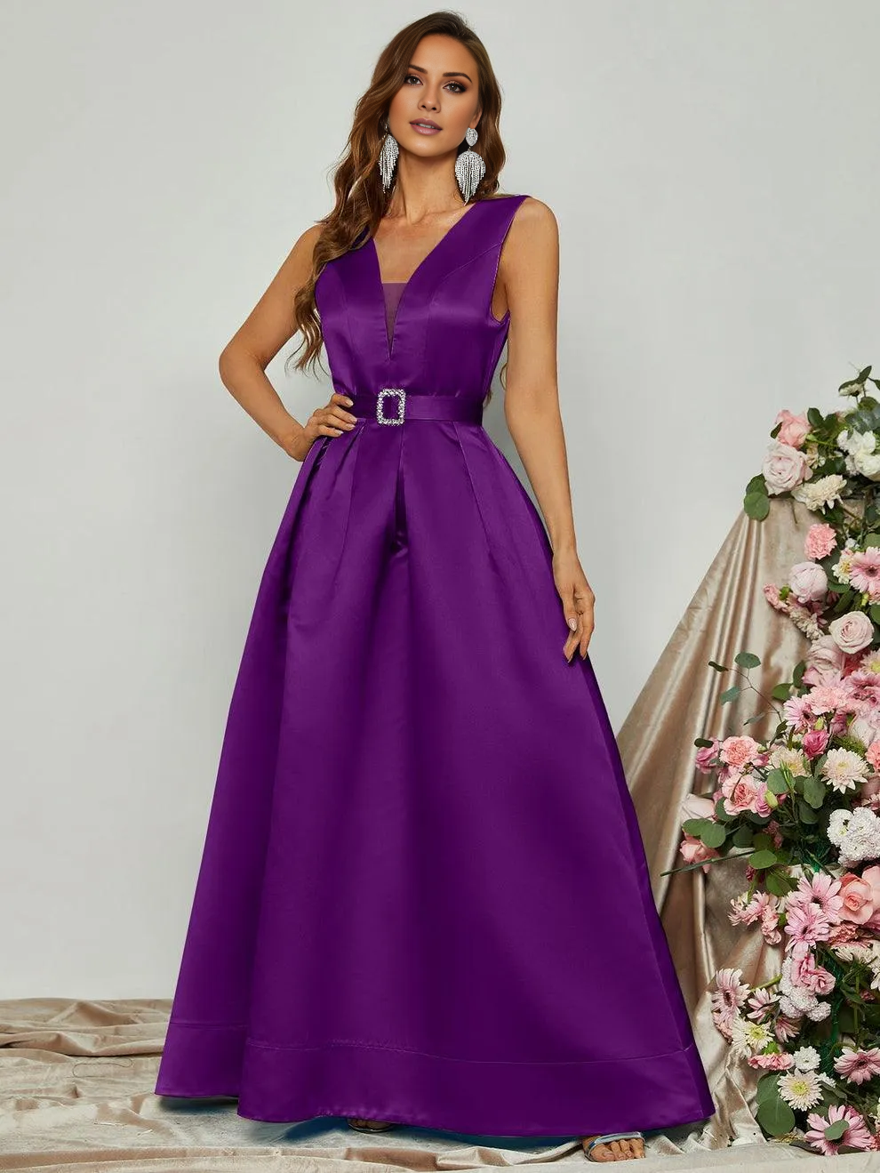 V-neck sleeveless pleated and floor length formal dress