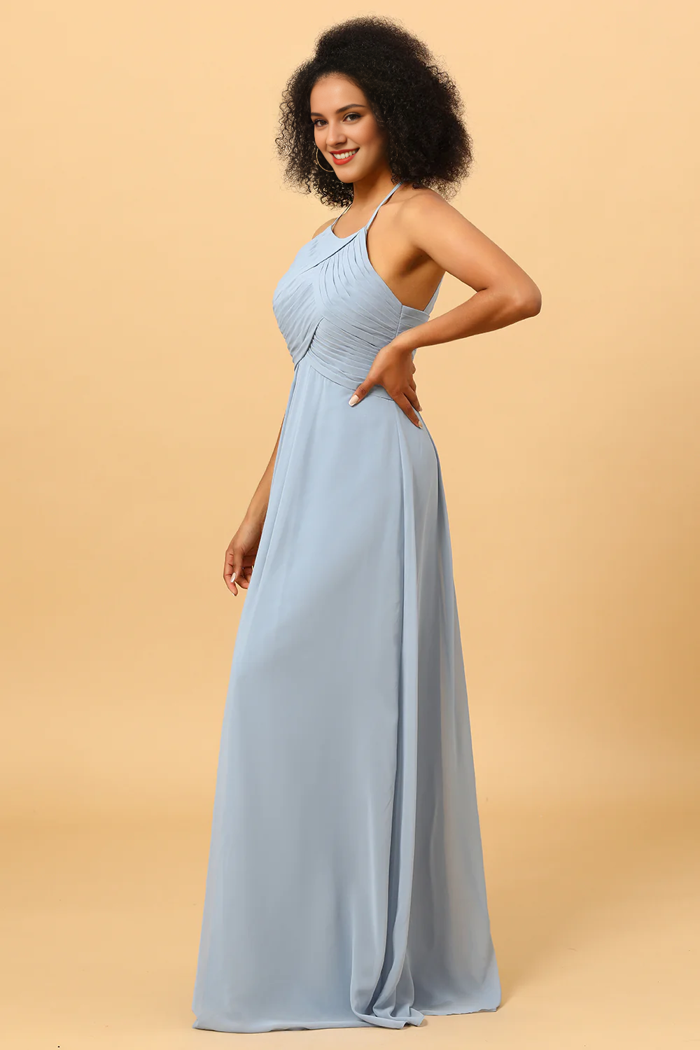 Grey blue tight backless backless long chiffon bridesmaid dress