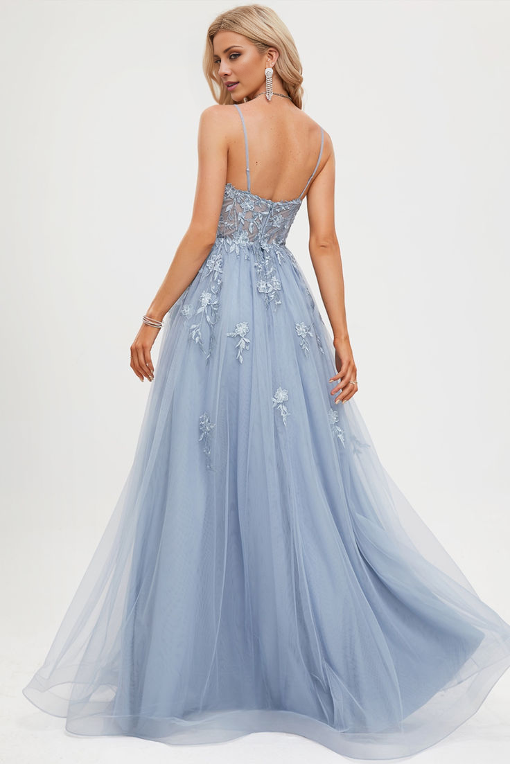 A-line V-neck thin shoulder strap and floor chiffon evening gown