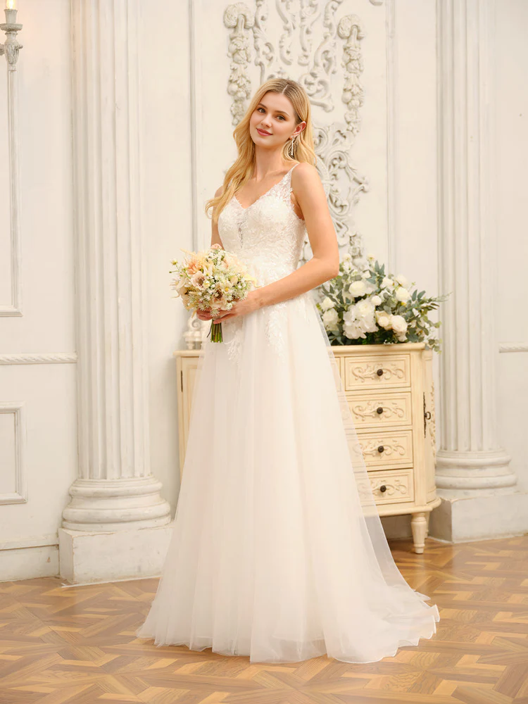 A-line princess V-neck decal sleeveless long wedding dress