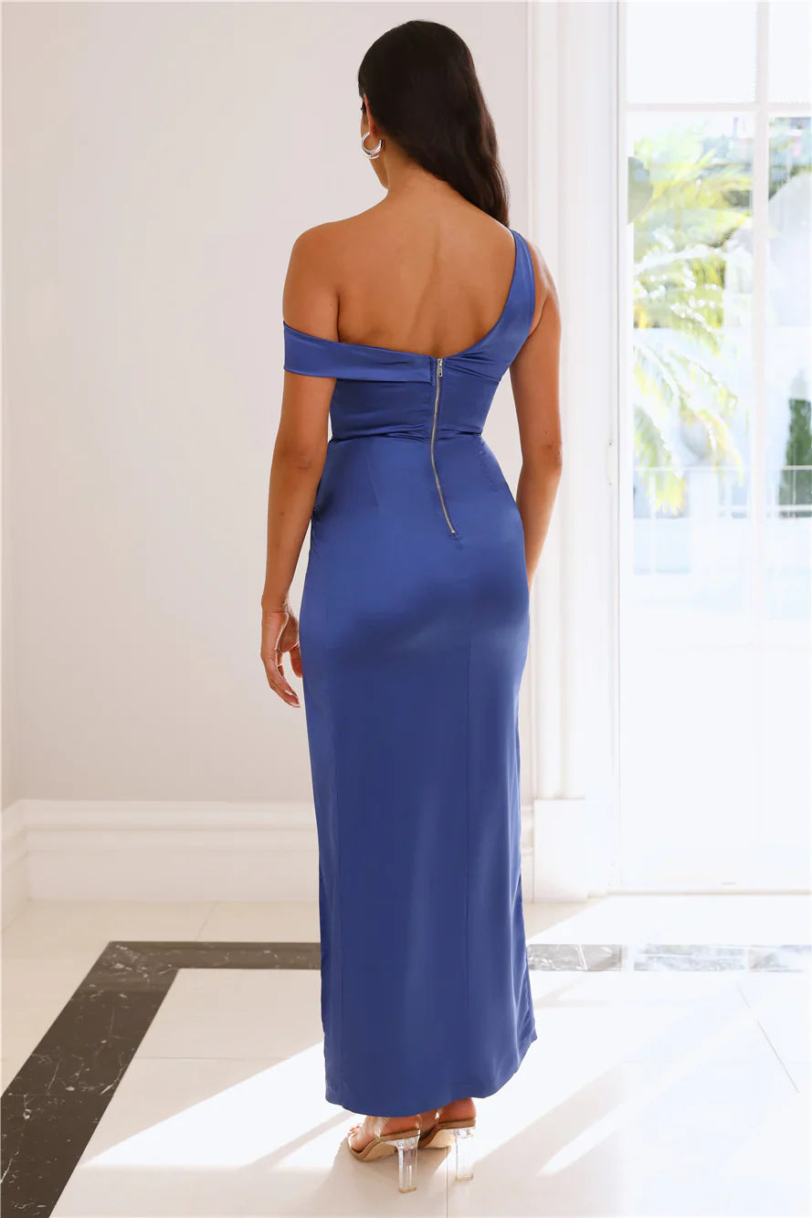 Jimiss asymmetrical neckline backless satin side slit long Prom dress