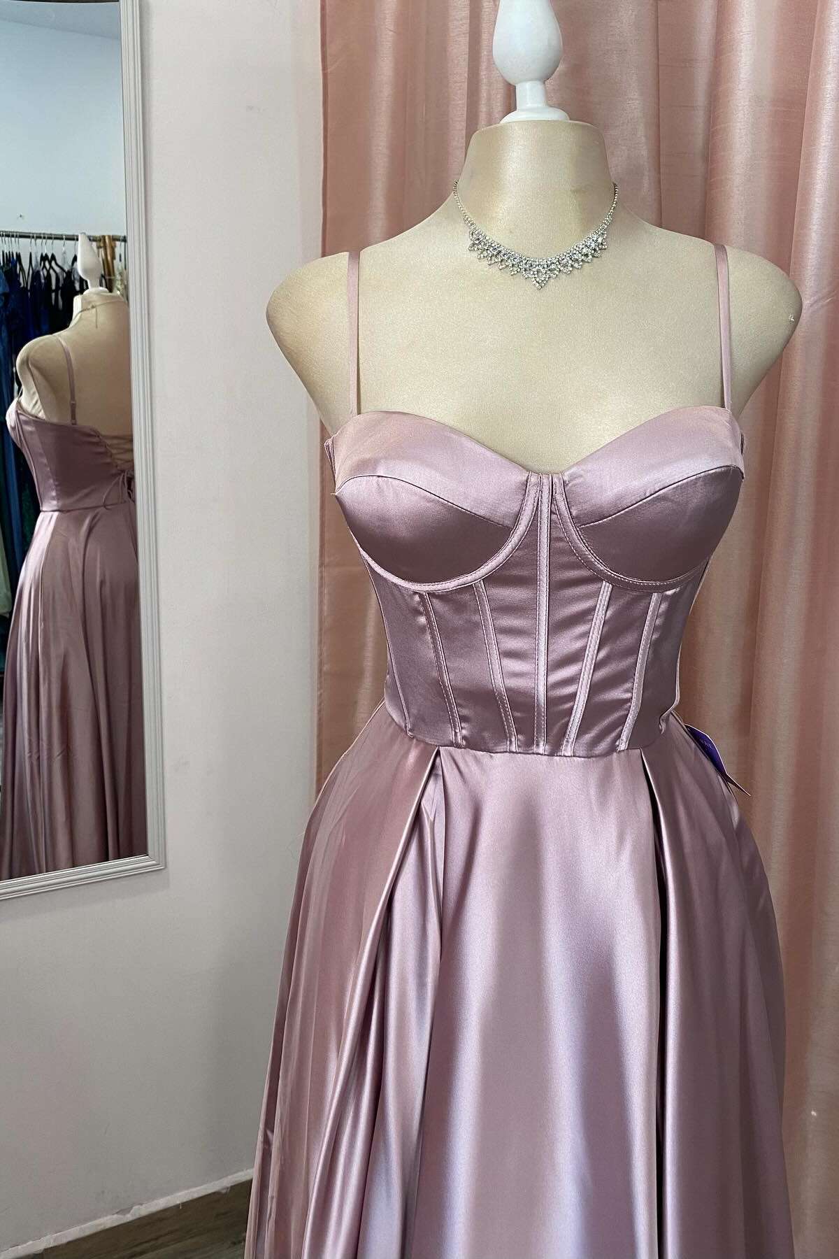 Jimiss navy blue satin A-line suspender with slit long dress