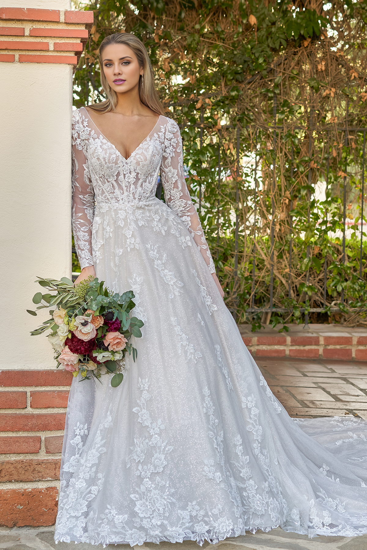 A-line phantom tight corset long sleeved and floor length wedding dress