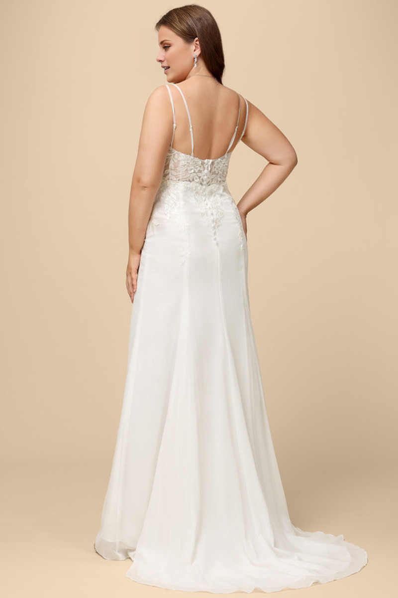 Horn/fish tail V-neck sweeping tail fine shoulder strap chiffon lace wedding dress
