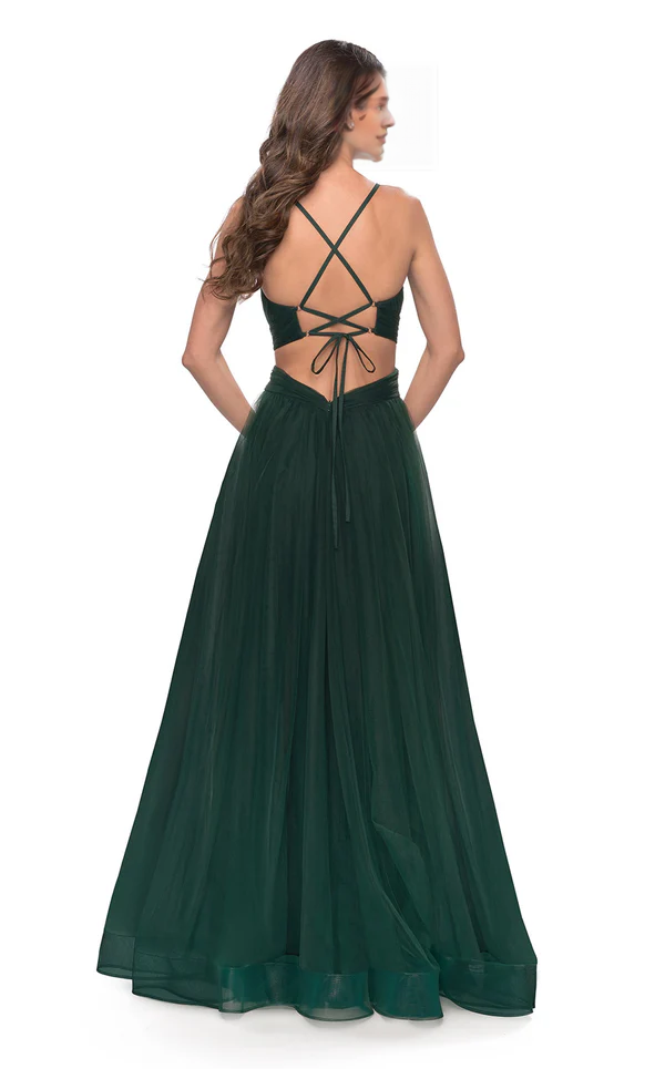 A-line V-neckline sleeveless back strap high slit and floor length evening dress
