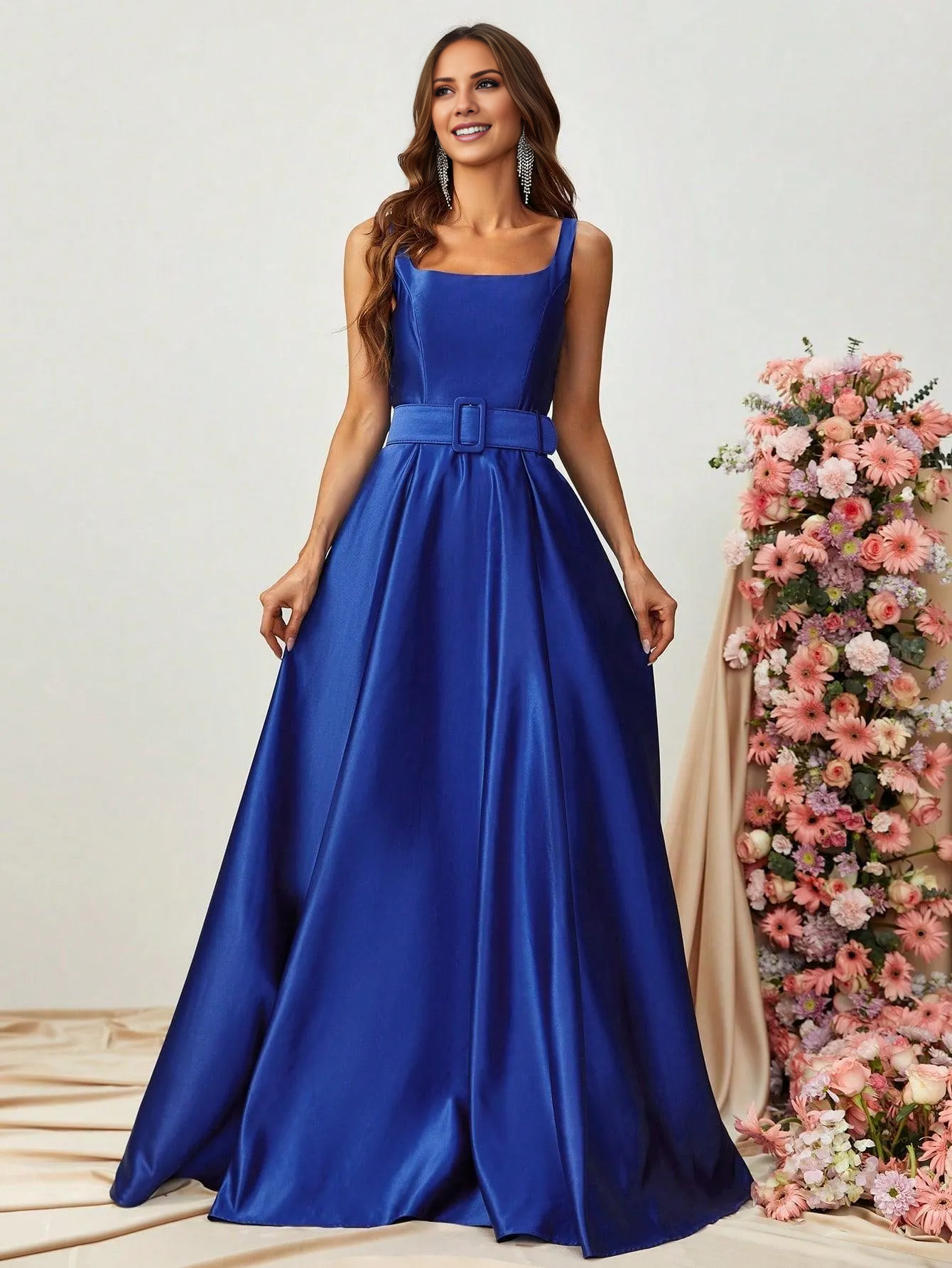 Square neck sleeveless waist belt satin and floor length formal dress