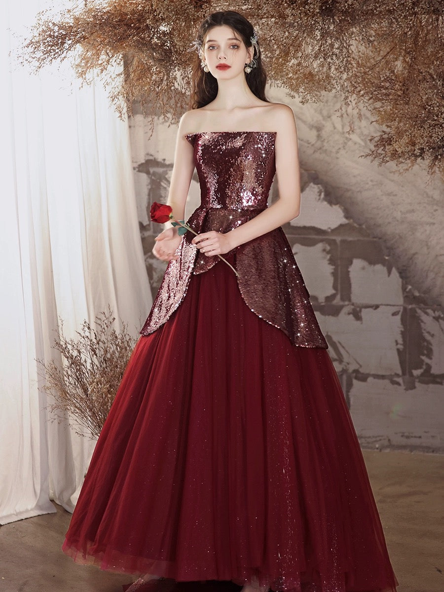 A-Line Tulle Sequin Burgundy Long Prom Dress, Burgundy Long Evening Dress