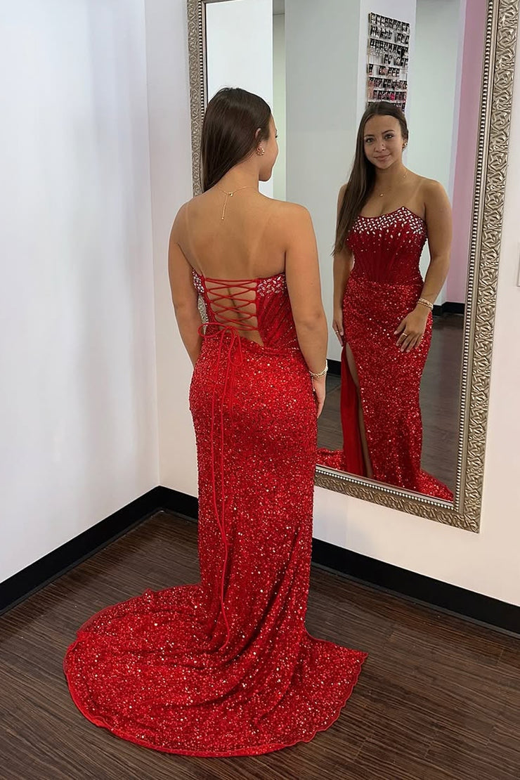 Mermaid Strapless Red Sequins Long Prom Dresses