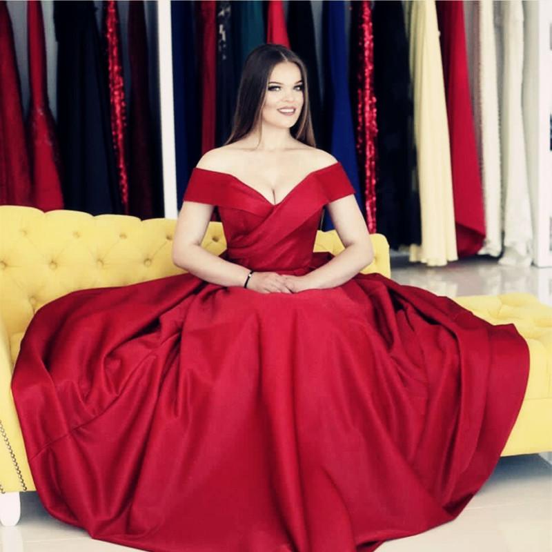 Red Satin Long V Neck Prom Dresses Ball Gowns 2018