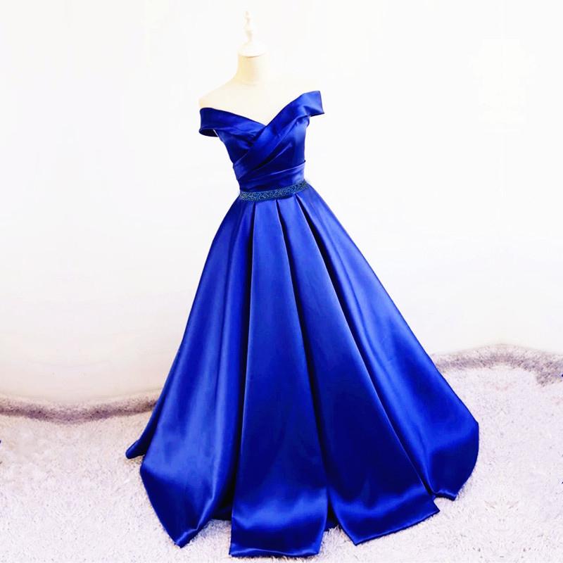 Sexy V Neck Off The Shoulder Satin Ball Gown Prom Dress Beaded Sashes