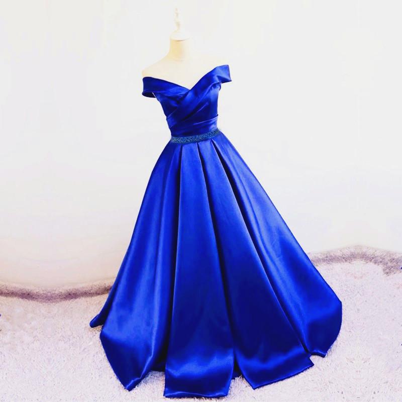Sexy V Neck Off The Shoulder Satin Ball Gown Prom Dress Beaded Sashes