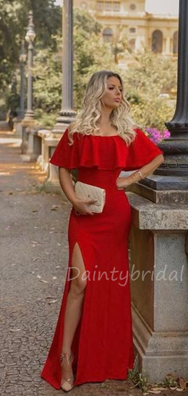 Charming Off-shoulder Mermaid Satin Side Slit Long Prom Dresses Evening Dresses.DB10435