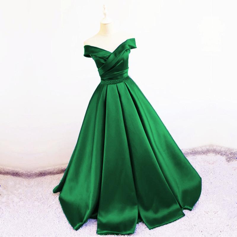 Sexy V Neck Off The Shoulder Satin Ball Gown Prom Dress Beaded Sashes