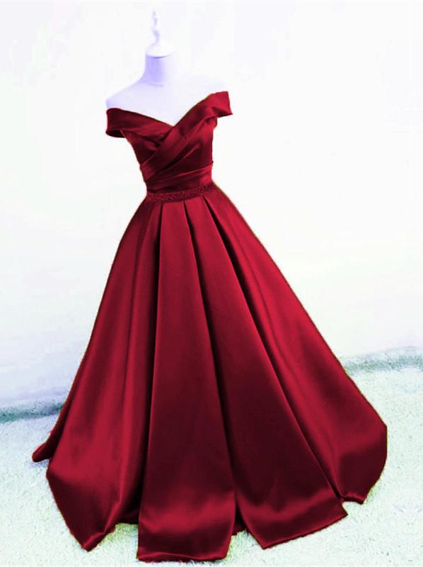 Sexy V Neck Off The Shoulder Satin Ball Gown Prom Dress Beaded Sashes
