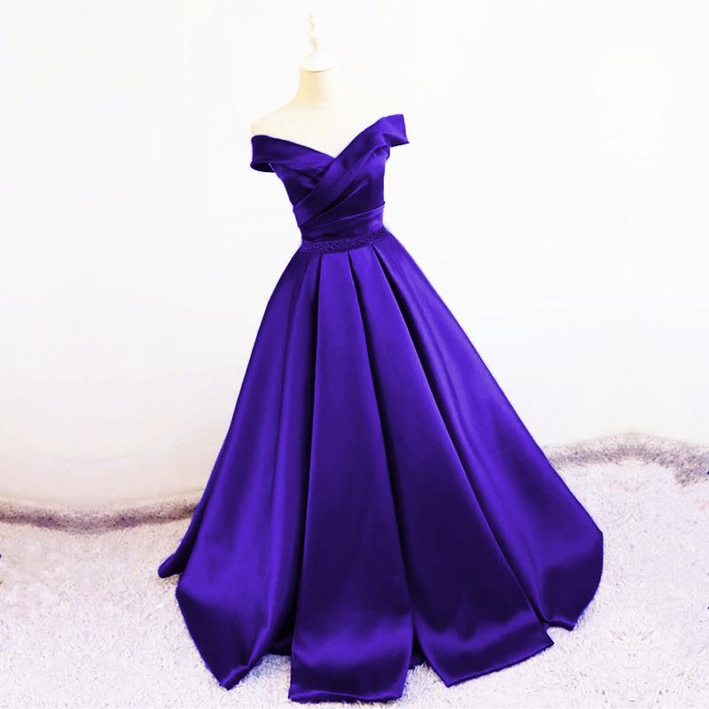 Sexy V Neck Off The Shoulder Satin Ball Gown Prom Dress Beaded Sashes