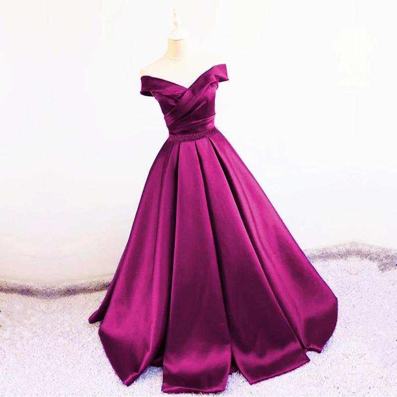 Sexy V Neck Off The Shoulder Satin Ball Gown Prom Dress Beaded Sashes