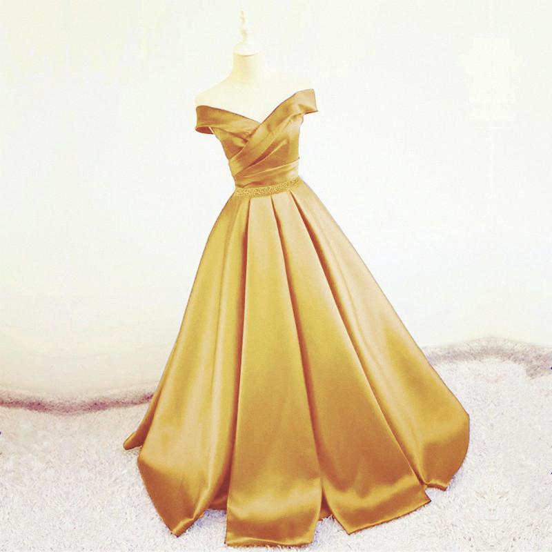 Sexy V Neck Off The Shoulder Satin Ball Gown Prom Dress Beaded Sashes