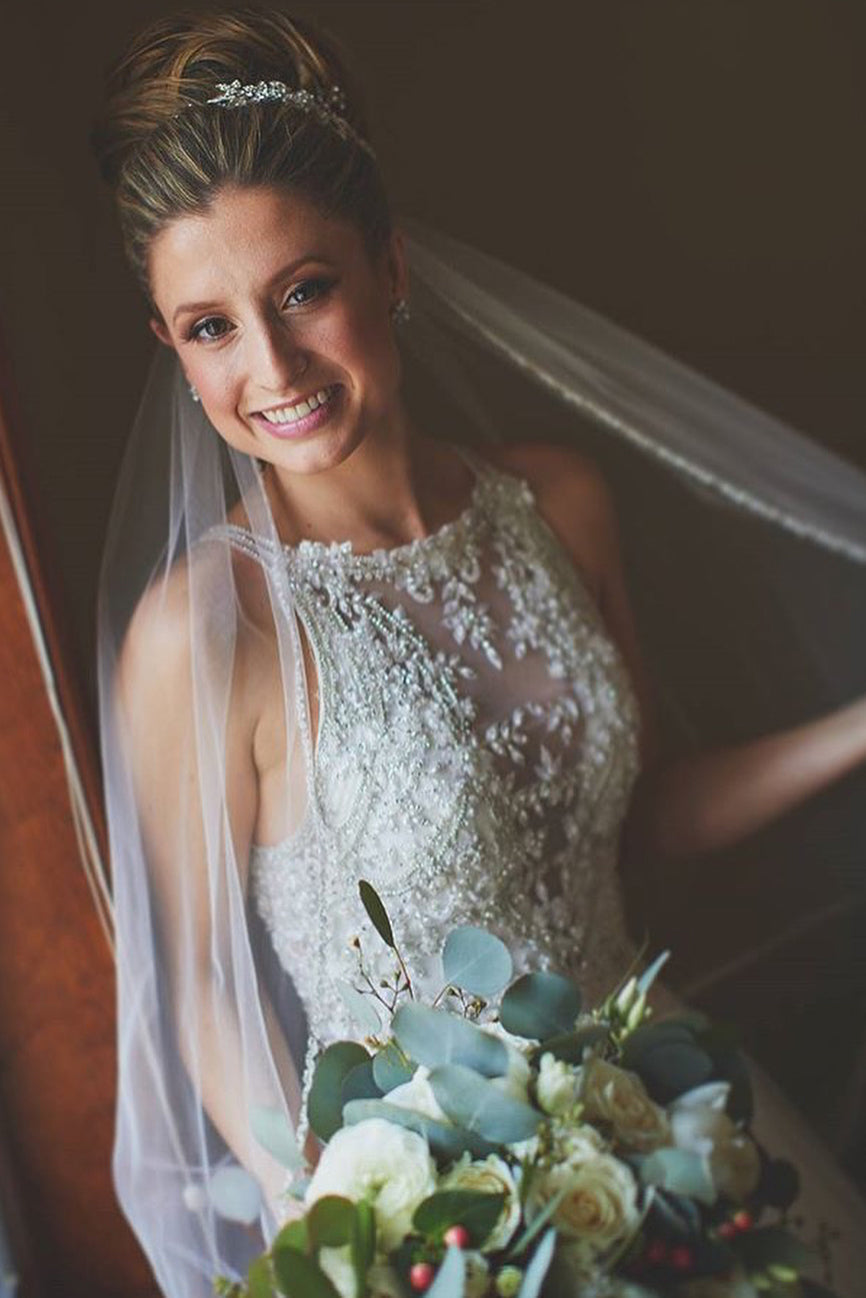 Princess Long Jewel Neck A-line White Wedding Dress with Lace