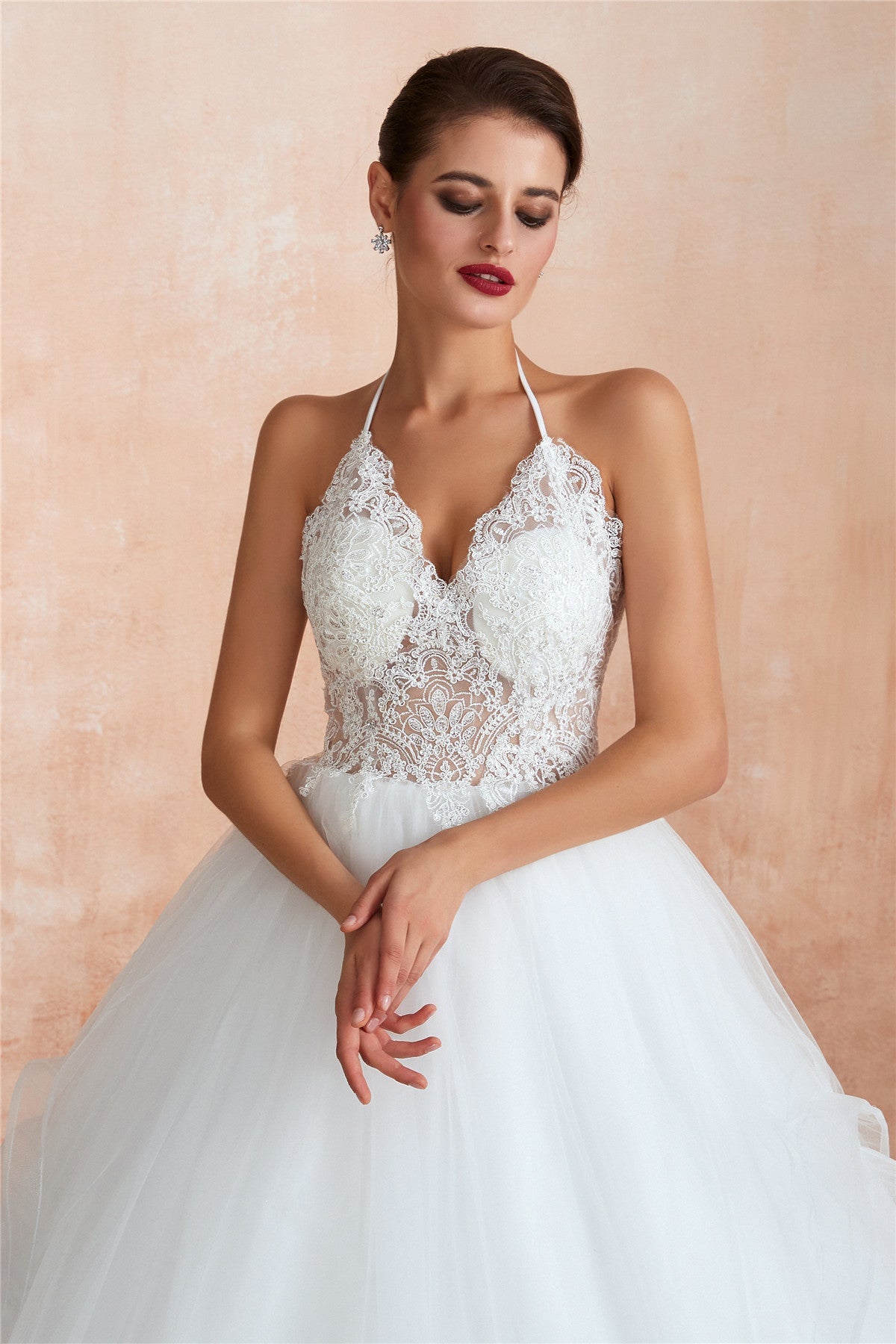 Long Halter A-line Ball Gown White Wedding Dress with Lace