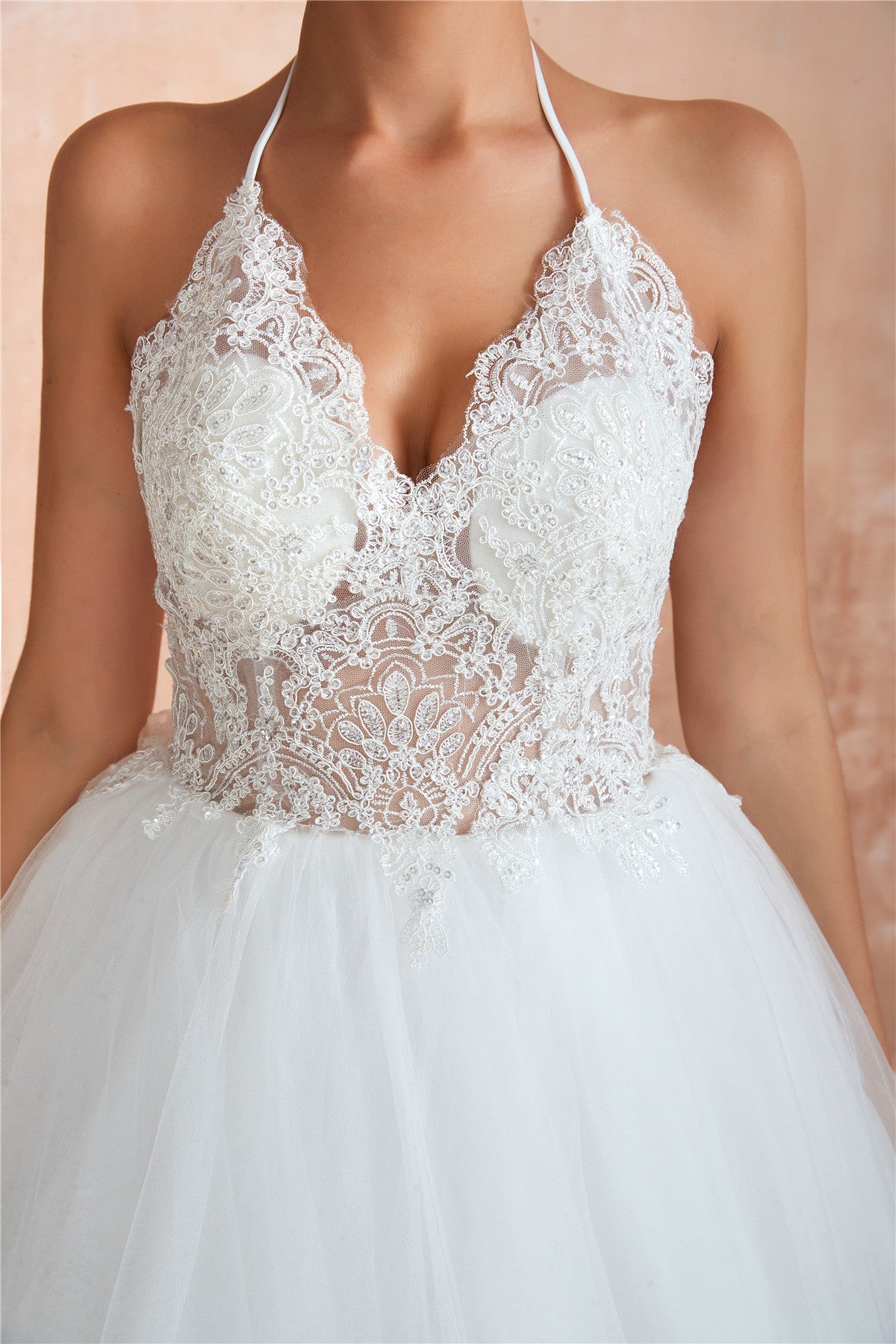 Long Halter A-line Ball Gown White Wedding Dress with Lace