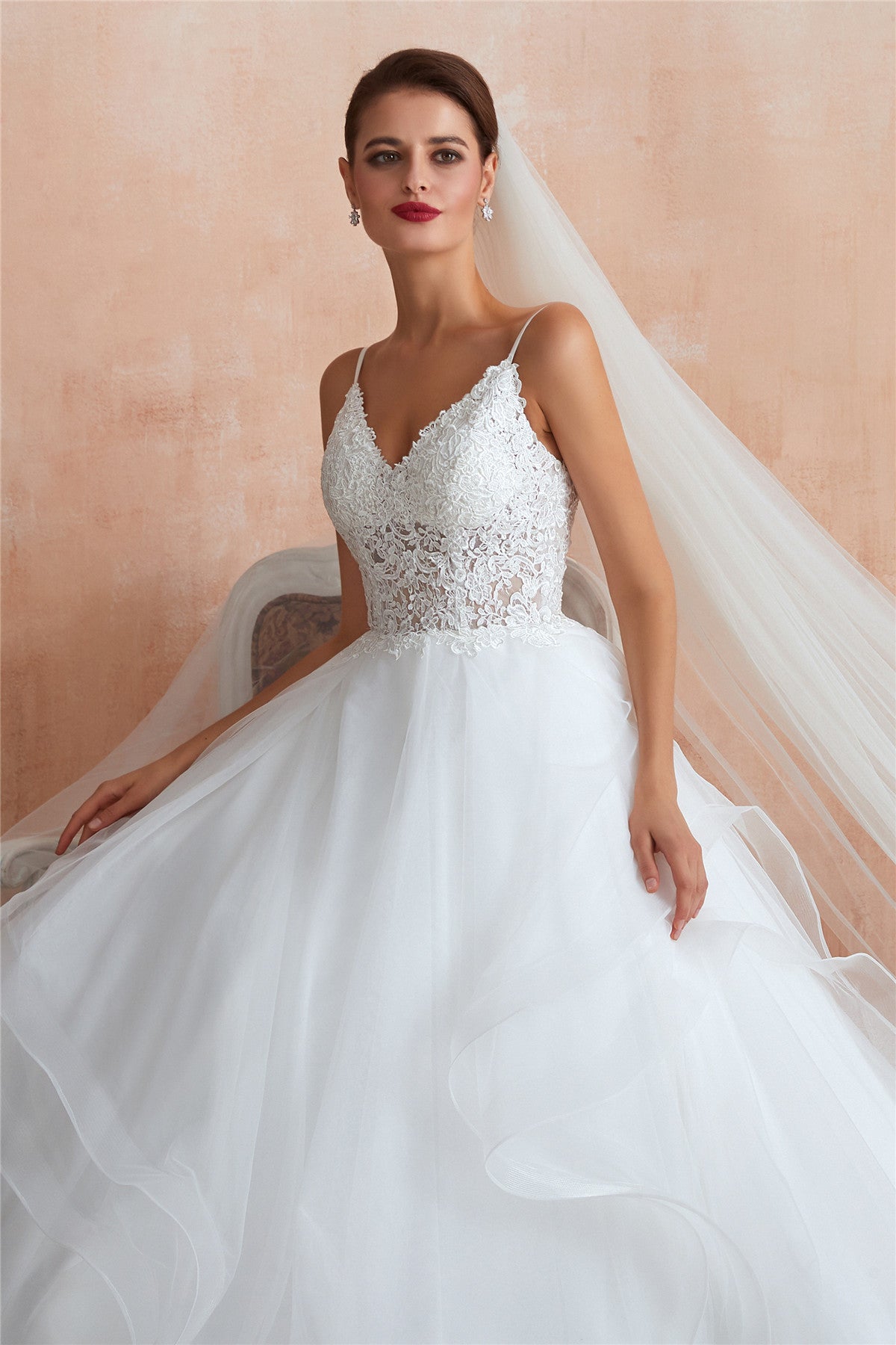 Long Lace-Up Back A-line Straps White Wedding Dress with Lace