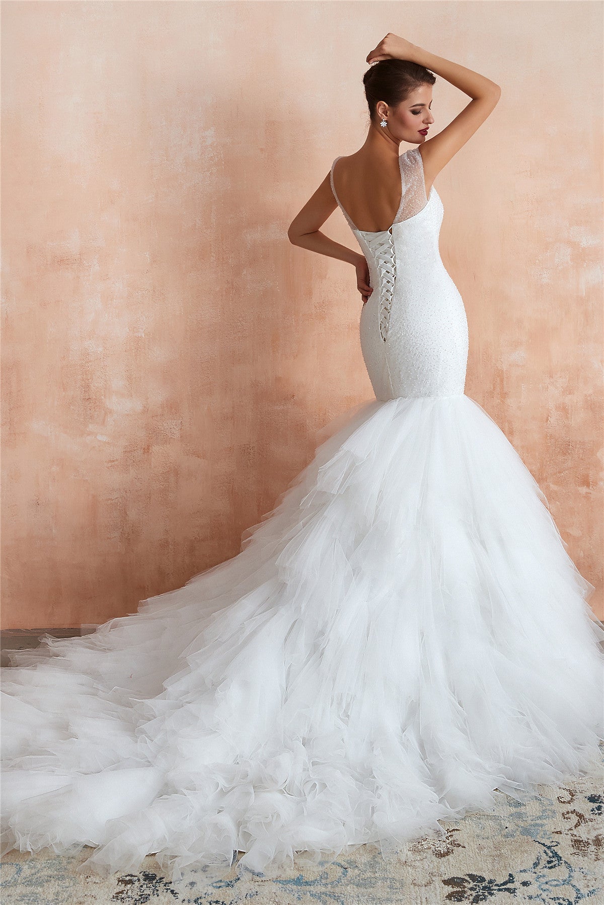 Long Lace-Up Back Mermaid White Wedding Dress with Layered Train