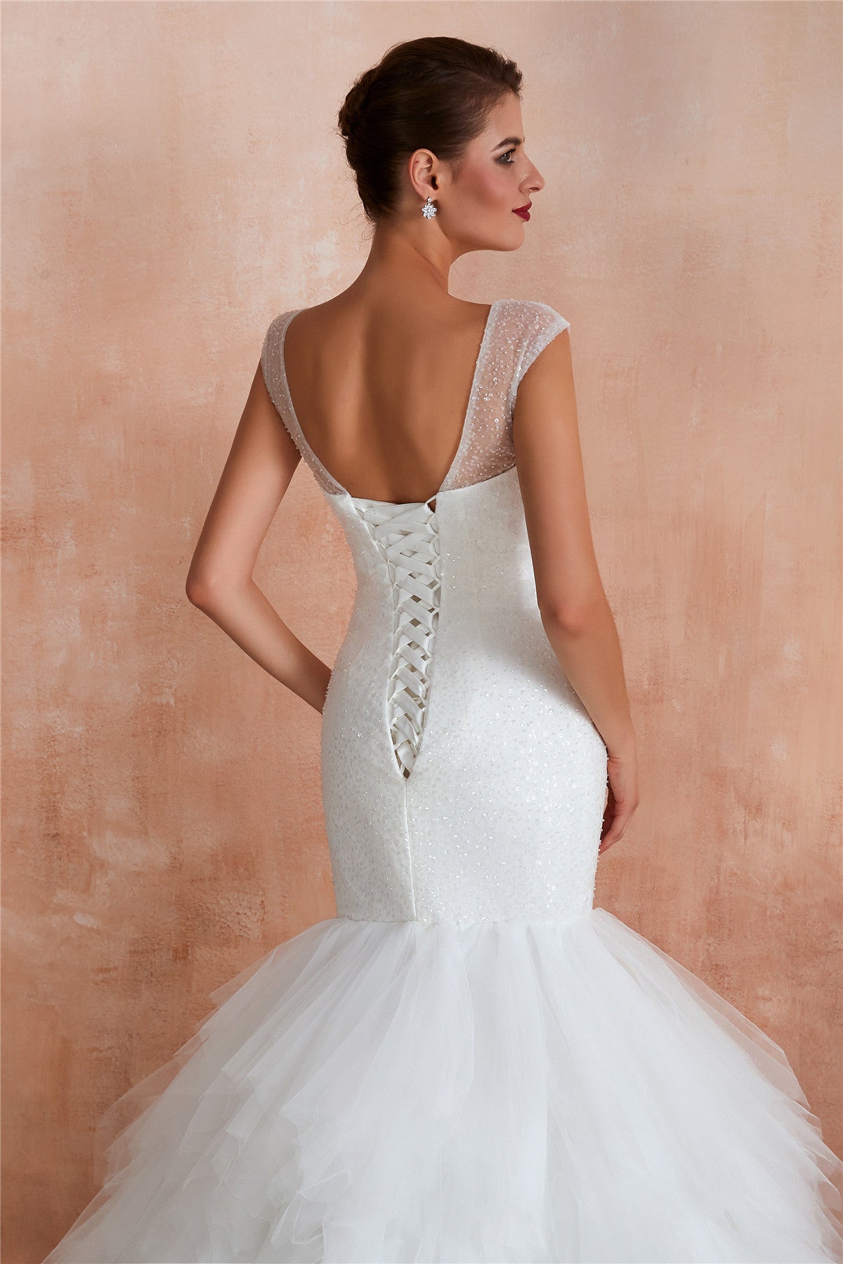 Long Lace-Up Back Mermaid White Wedding Dress with Layered Train