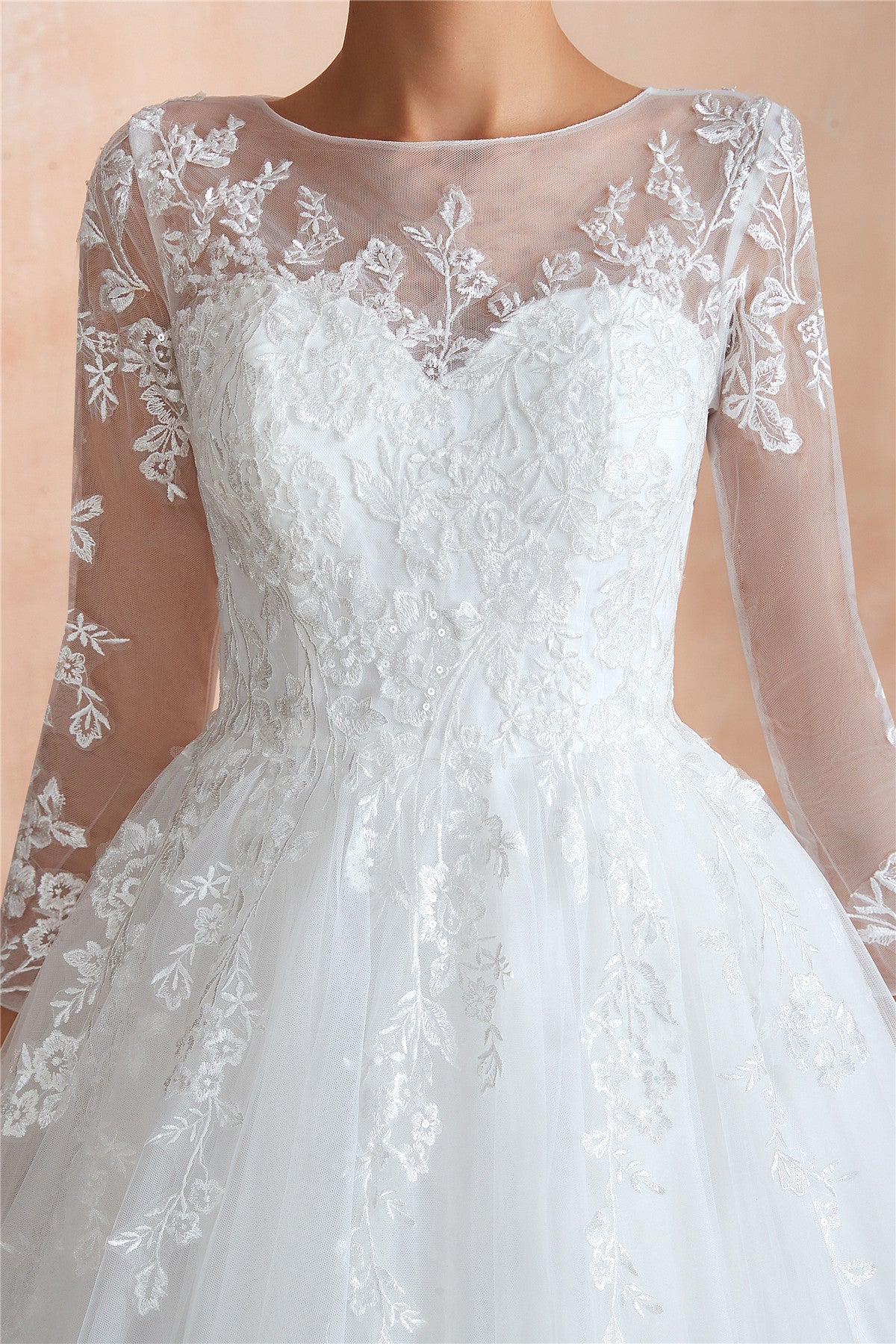 Princess 3/4 Sleeves Long A-line White Wedding Dress with Lace