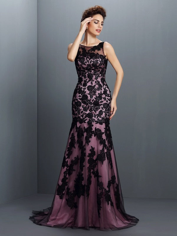 Trumpet/Mermaid Bateau Applique Sleeveless Long  Woven Satin Dresses