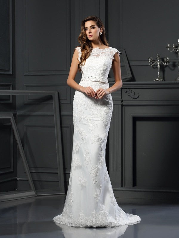 A-Line/Princess Bateau Lace Sleeveless Long Satin Wedding Dresses