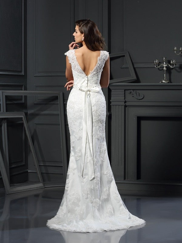 A-Line/Princess Bateau Lace Sleeveless Long Satin Wedding Dresses