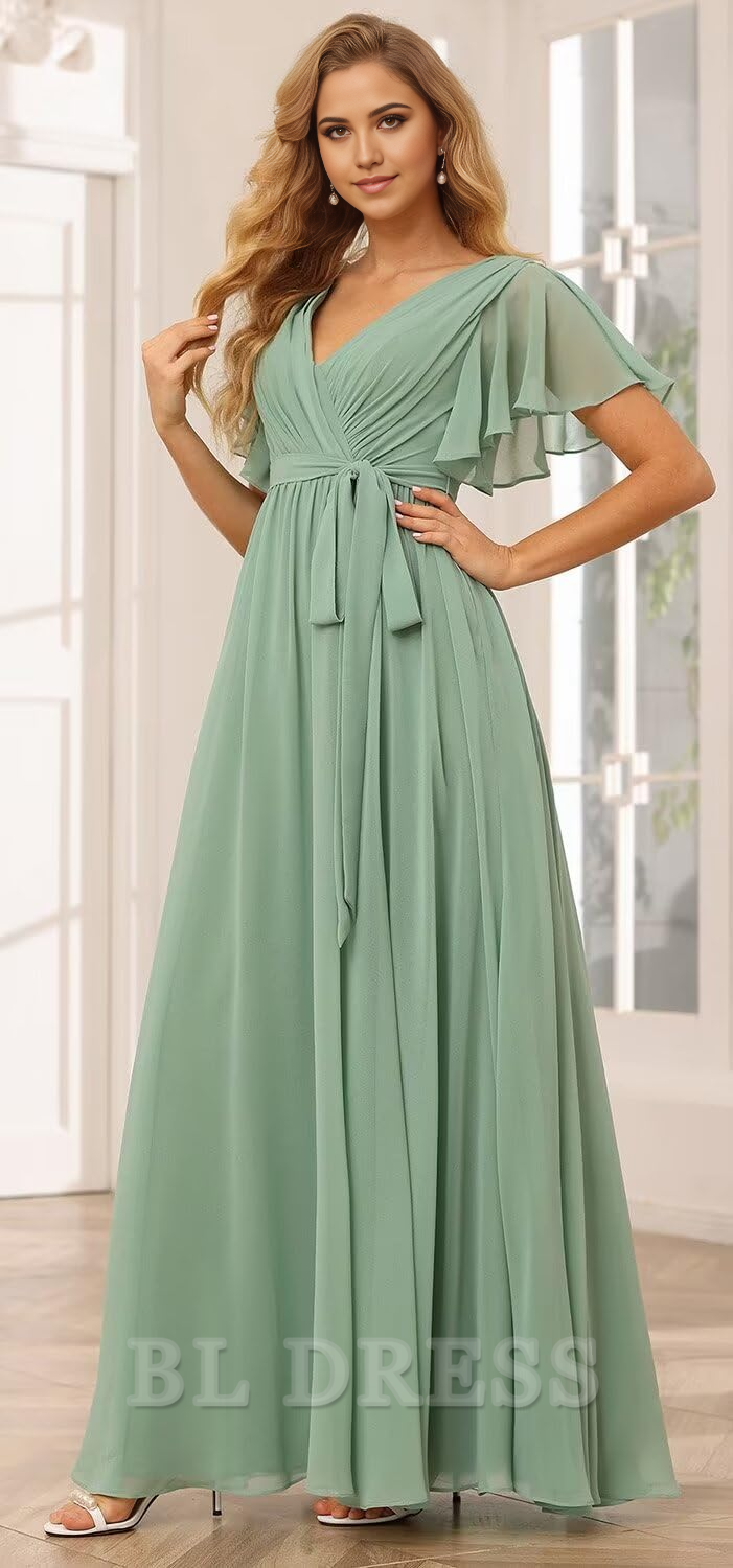 A-line V Neck Chiffon Flutter Sleeve formal dresses Bridesmaid Dresses evening gown Prom Dress