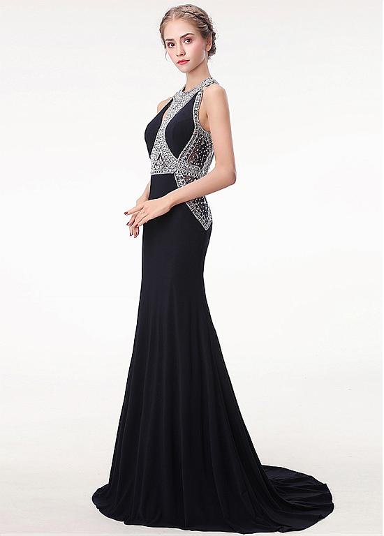 Halter Black Satin Mermaid Keyhole Evening Prom Dress With Beadings