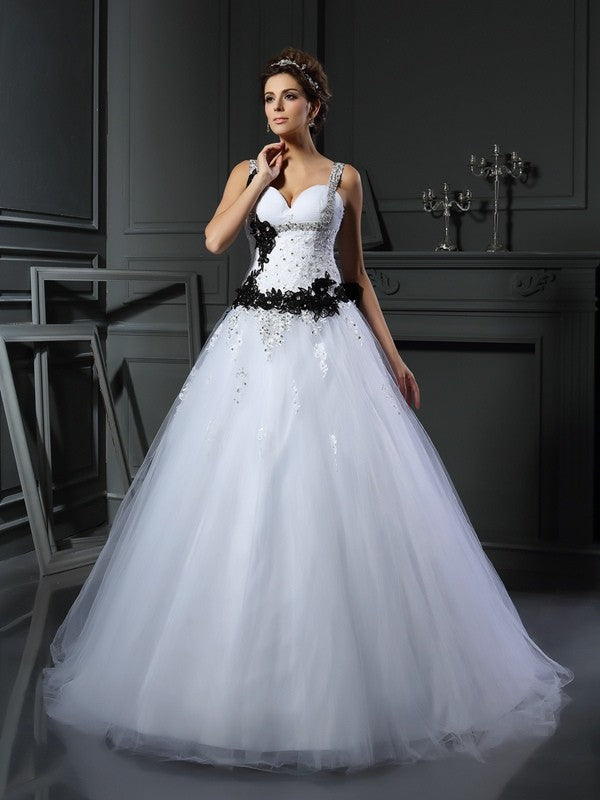 Ball Gown Straps Beading Sleeveless Long Tulle Wedding Dresses