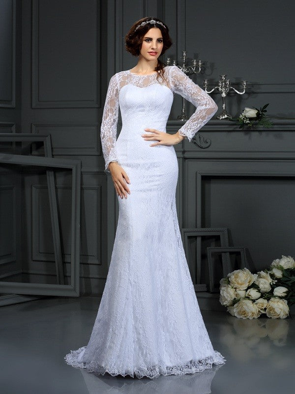Sheath/Column Scoop Lace Long Sleeves Long Satin Wedding Dresses