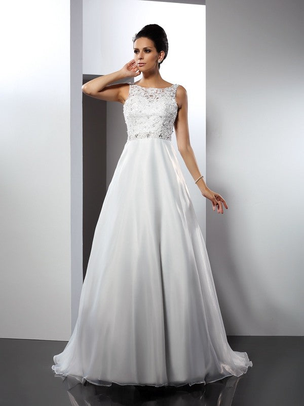 A-Line/Princess Scoop Ruffles Sleeveless Long Satin Wedding Dresses