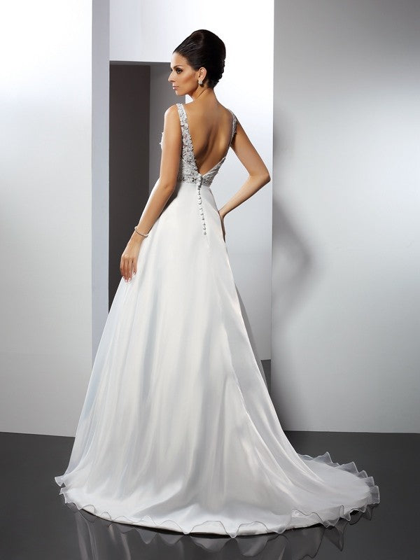 A-Line/Princess Scoop Ruffles Sleeveless Long Satin Wedding Dresses