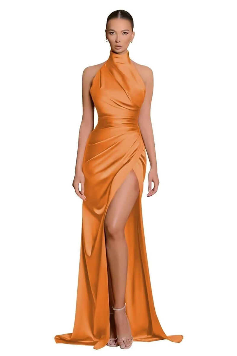 34116 - Classic High Neck Pleats Side Split Sheath Prom Formal Dress