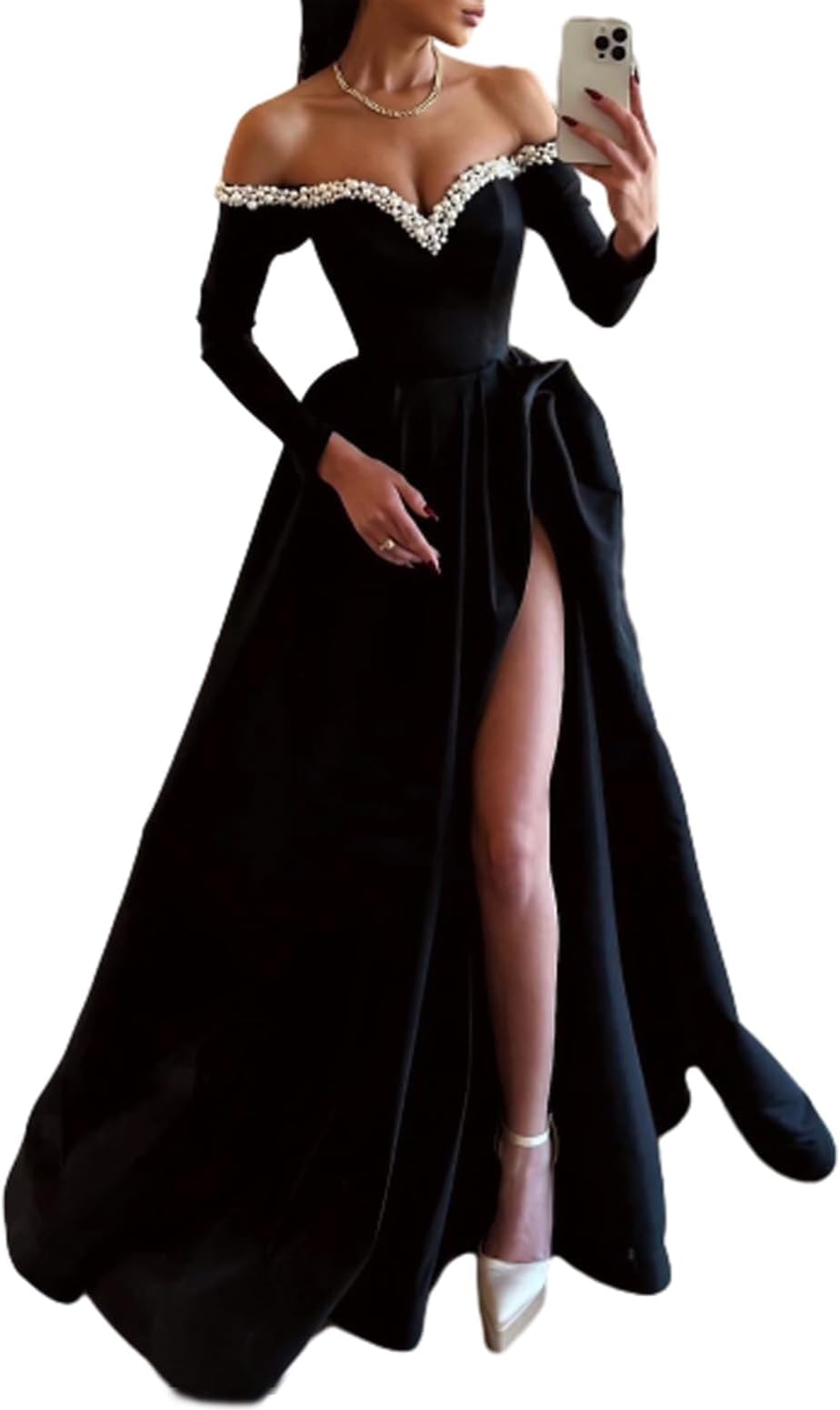A-line sexy evening dress formal ball dress big swing/brush long sleeved off shoulder satin pearl slit 2025