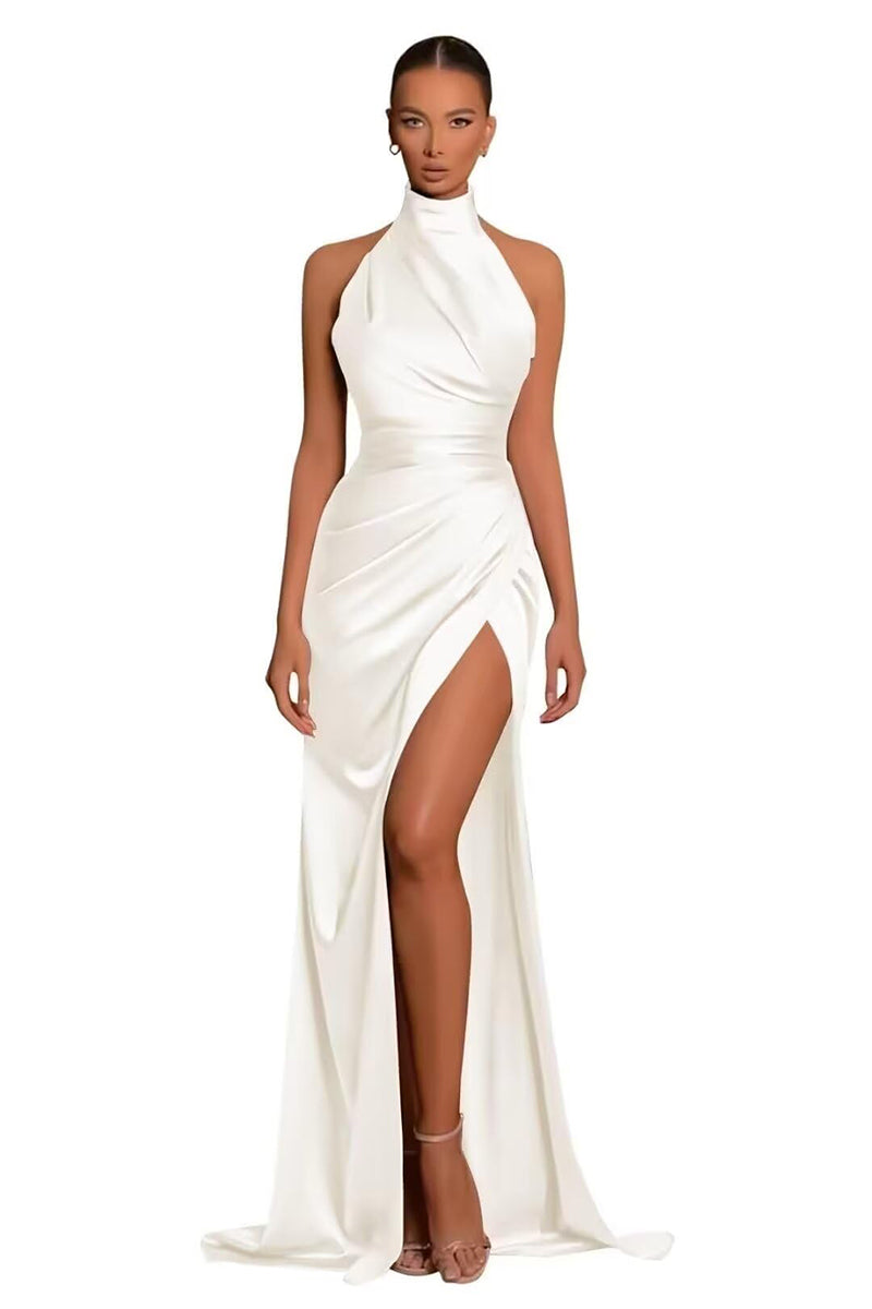 34116 - Classic High Neck Pleats Side Split Sheath Prom Formal Dress