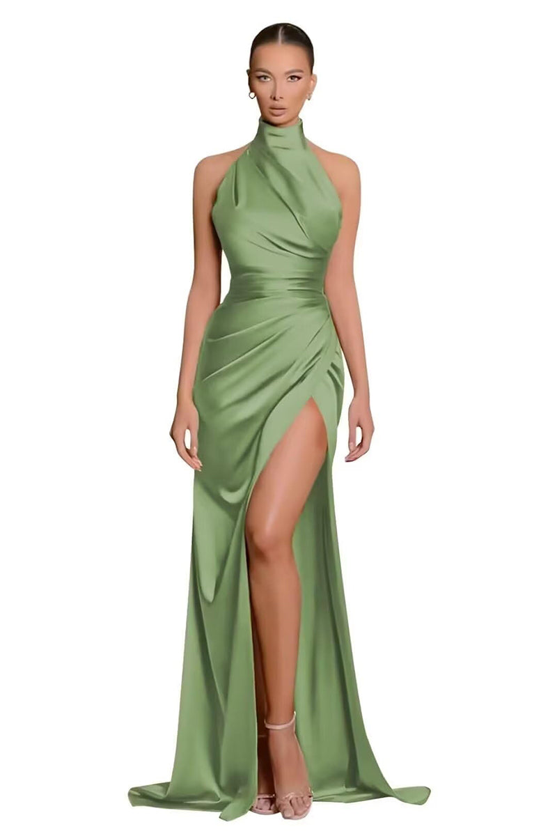 34116 - Classic High Neck Pleats Side Split Sheath Prom Formal Dress