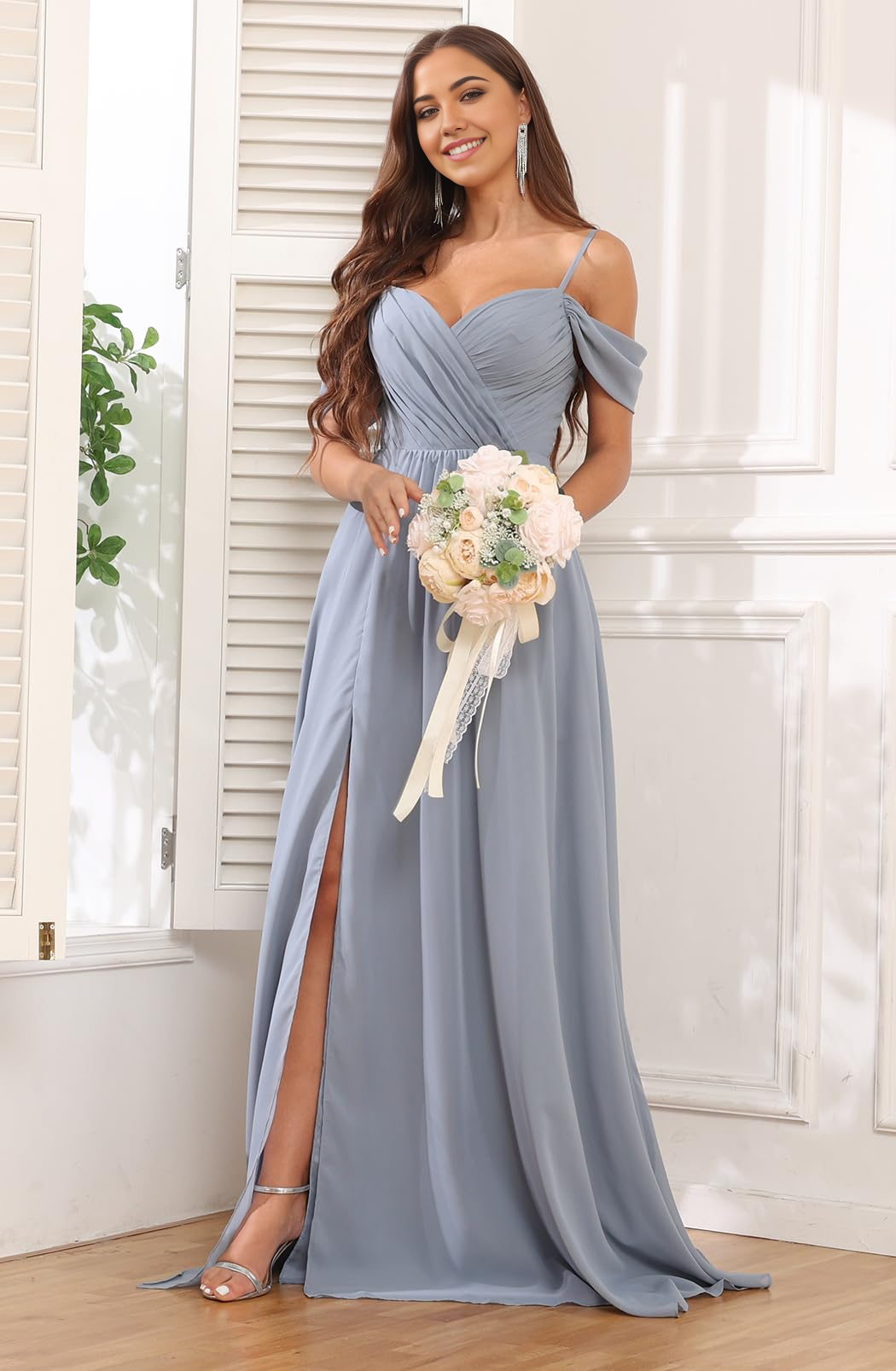A-line Off Shoulder Ruched Chiffon formal dresses Bridesmaid Dresses evening gown Prom Dress with Pockets Slit